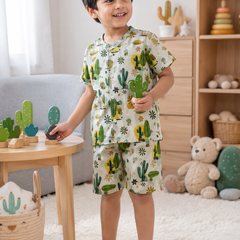 Cactus Garden Boys Top and Shorts Set | 120 GSM Checkered Muslin