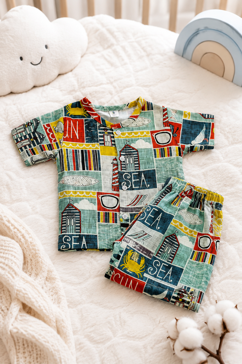 Sea Vibes Boys Top and Shorts Set | 120 GSM Checkered Muslin