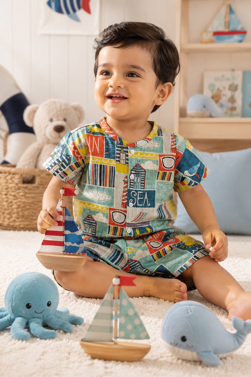 Sea Vibes Boys Top and Shorts Set | 120 GSM Checkered Muslin