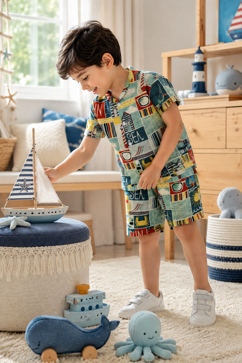 Sea Vibes Boys Top and Shorts Set | 120 GSM Checkered Muslin
