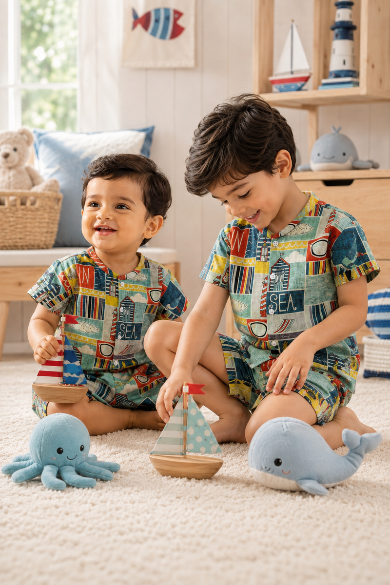 Sea Vibes Boys Top and Shorts Set | 120 GSM Checkered Muslin