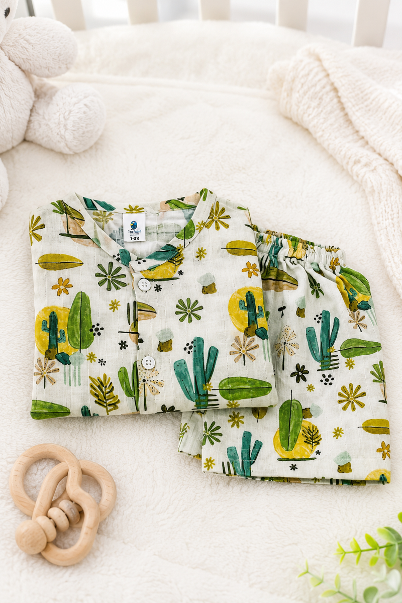 Cactus Garden Boys Top and Shorts Set | 120 GSM Checkered Muslin