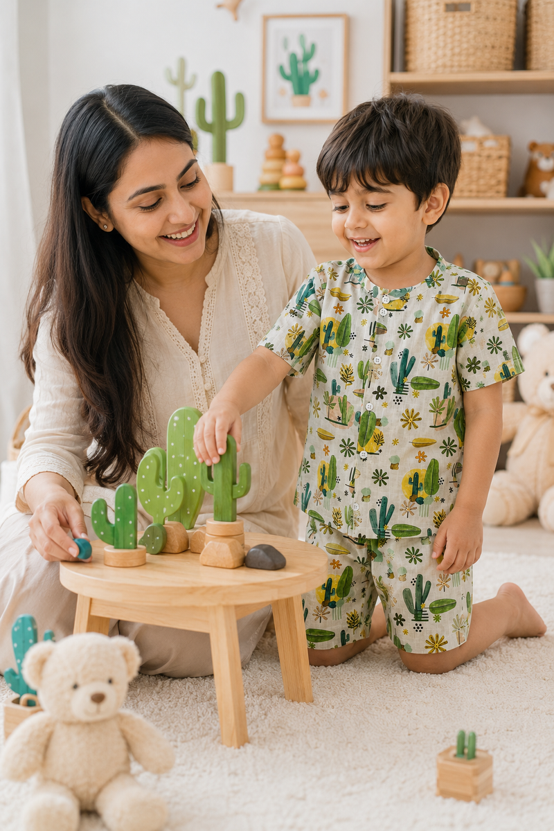 Cactus Garden Boys Top and Shorts Set | 120 GSM Checkered Muslin