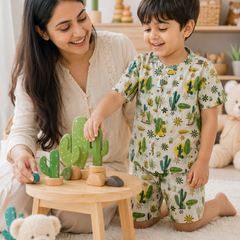 Cactus Garden Boys Top and Shorts Set | 120 GSM Checkered Muslin