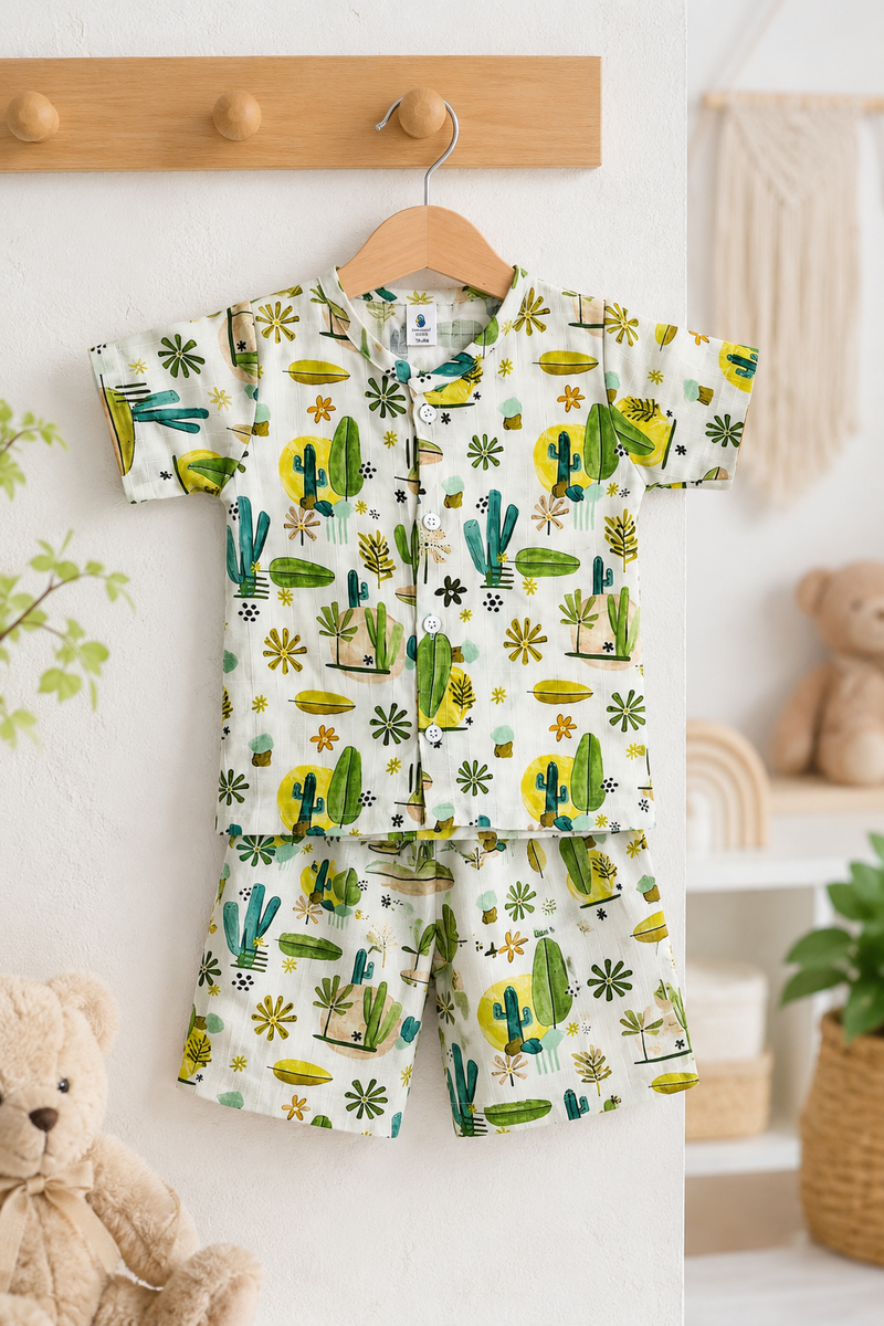 Cactus Garden Boys Top and Shorts Set | 120 GSM Checkered Muslin