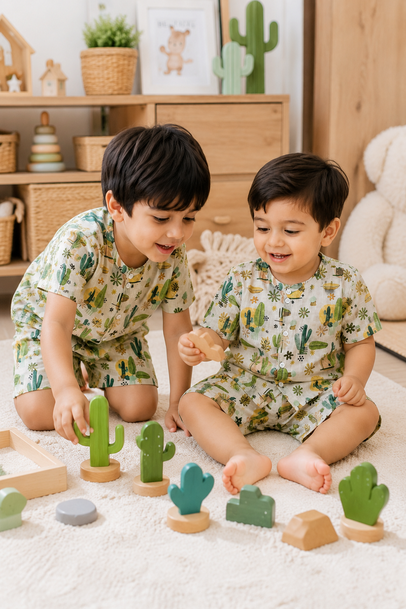 Cactus Garden Boys Top and Shorts Set | 120 GSM Checkered Muslin