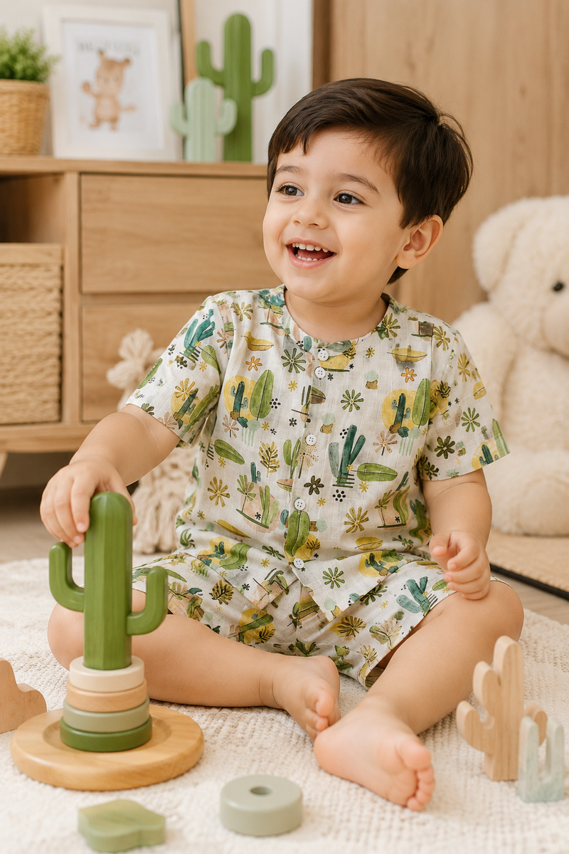 Cactus Garden Boys Top and Shorts Set | 120 GSM Checkered Muslin