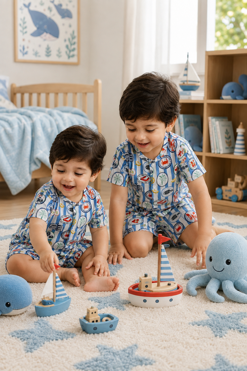 Under Sea Boys Top and Shorts Set | 120 GSM Checkered Muslin