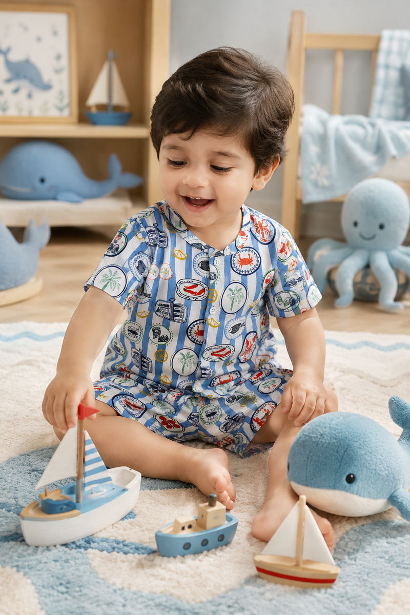 Under Sea Boys Top and Shorts Set | 120 GSM Checkered Muslin