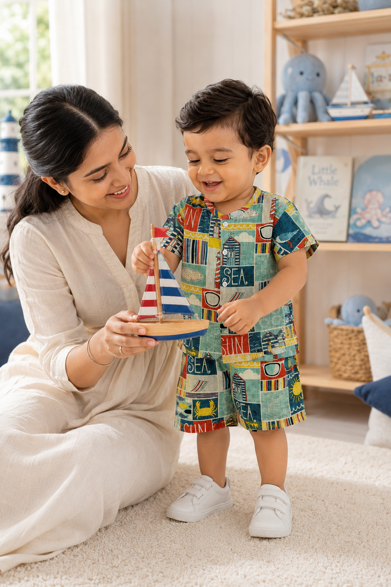 Sea Vibes Boys Top and Shorts Set | 120 GSM Checkered Muslin