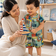 Sea Vibes Boys Top and Shorts Set | 120 GSM Checkered Muslin