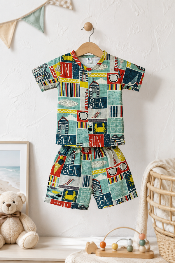 Sea Vibes Boys Top and Shorts Set | 120 GSM Checkered Muslin