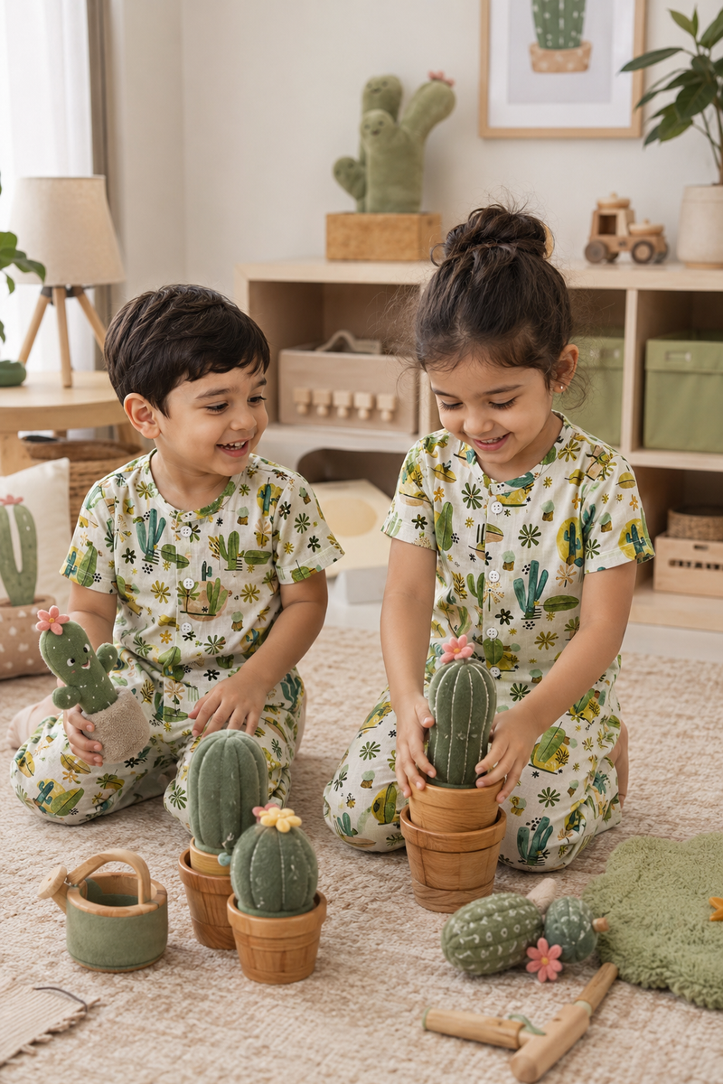 Cactus Garden |Half Sleeves| Checkered Muslin| Soft Unisex Muslin Set for New Born to 6 Years