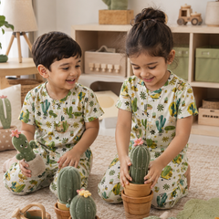 Cactus Garden |Half Sleeves| Checkered Muslin| Soft Unisex Muslin Set for New Born to 6 Years