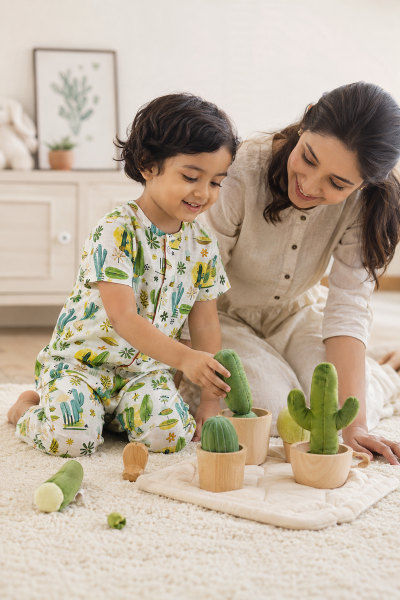 Cactus Garden |Half Sleeves| Checkered Muslin| Soft Unisex Muslin Set for New Born to 6 Years