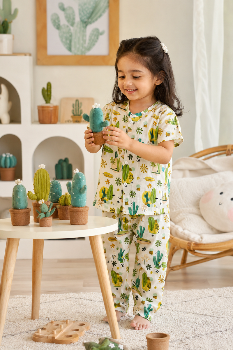 Cactus Garden |Half Sleeves| Checkered Muslin| Soft Unisex Muslin Set for New Born to 6 Years