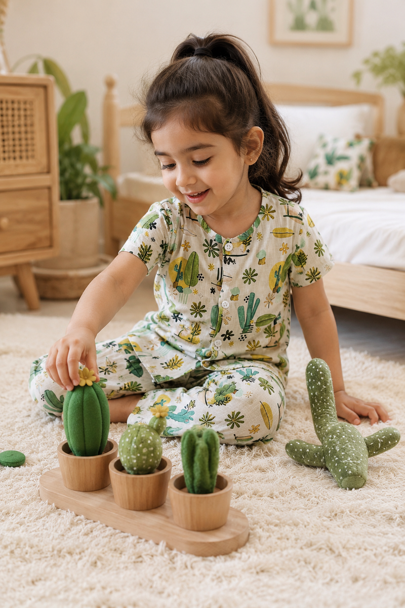 Cactus Garden |Half Sleeves| Checkered Muslin| Soft Unisex Muslin Set for New Born to 6 Years