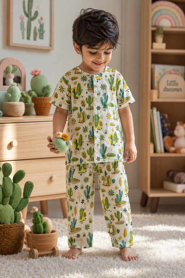 Cactus Garden |Half Sleeves| Checkered Muslin| Soft Unisex Muslin Set for New Born to 6 Years