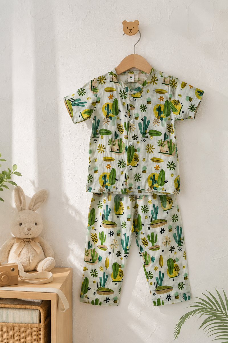 Cactus Garden |Half Sleeves| Checkered Muslin| Soft Unisex Muslin Set for New Born to 6 Years