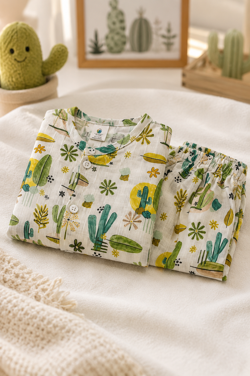 Cactus Garden |Half Sleeves| Checkered Muslin| Soft Unisex Muslin Set for New Born to 6 Years