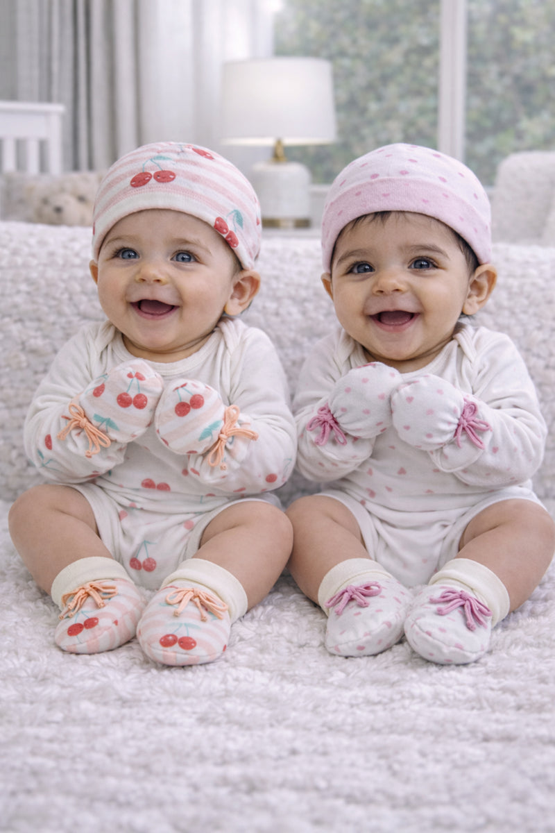 Kradyl Kroft Set of 2 Caps, Mittens and Booties in 100% Cotton Printed Fabric 0 to 12 Months - Cherry