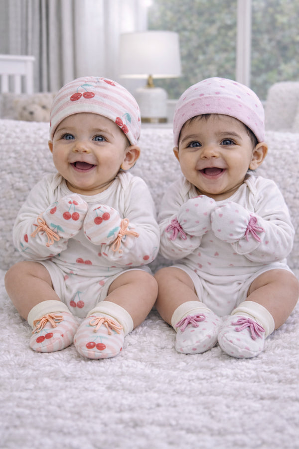 Kradyl Kroft Set of 2 Caps, Mittens and Booties in 100% Cotton Printed Fabric 0 to 12 Months - Cherry