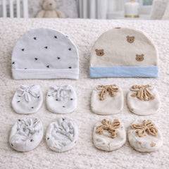 Kradyl Kroft Set of 2 Caps, Mittens and Booties in 100% Cotton Printed Fabric 0 to 12 Months -BlueHue