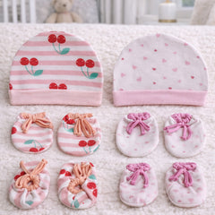 Kradyl Kroft Set of 2 Caps, Mittens and Booties in 100% Cotton Printed Fabric 0 to 12 Months - Cherry