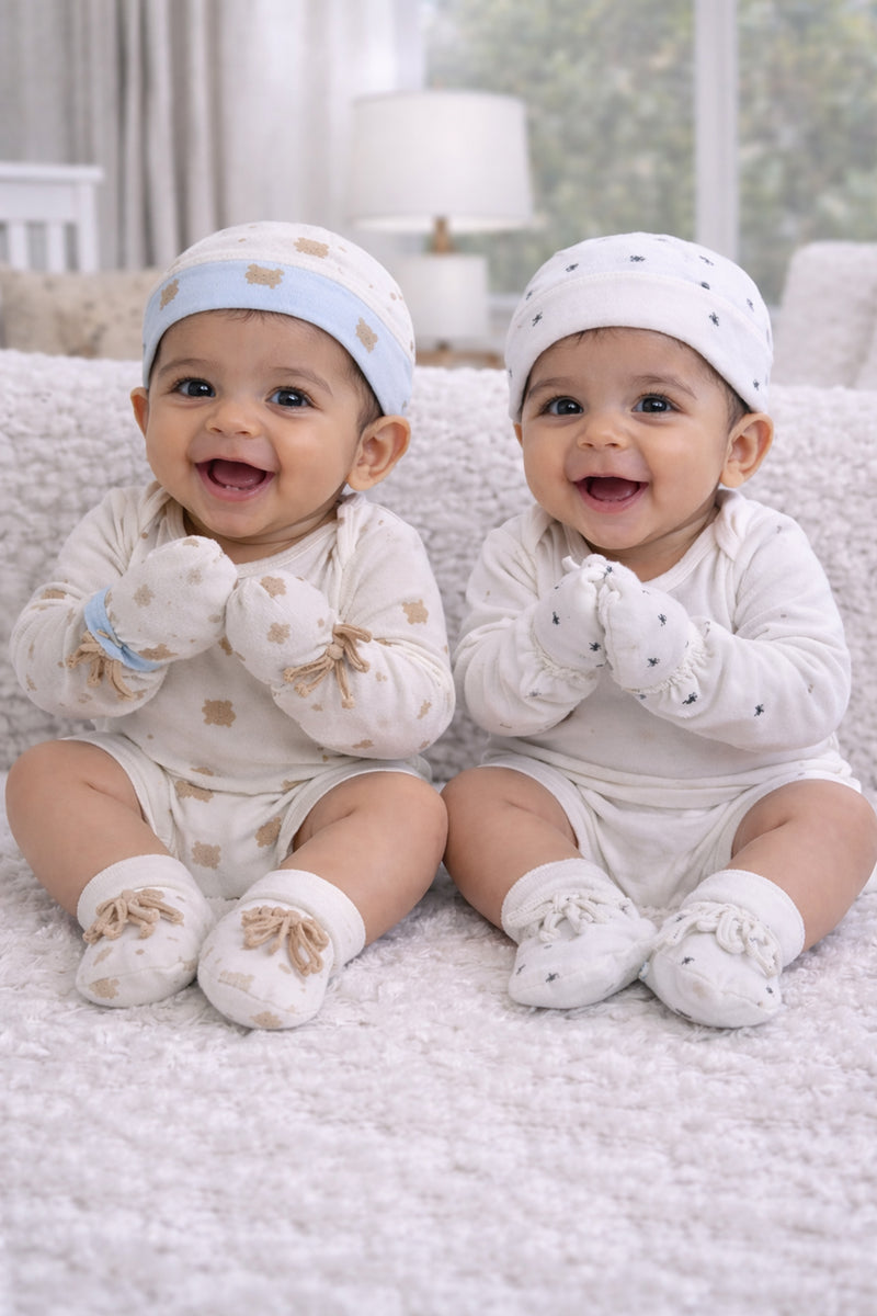 Kradyl Kroft Set of 2 Caps, Mittens and Booties in 100% Cotton Printed Fabric 0 to 12 Months -BlueHue