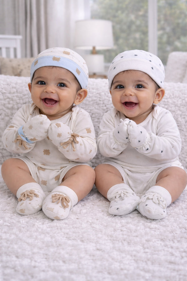 Kradyl Kroft Set of 2 Caps, Mittens and Booties in 100% Cotton Printed Fabric 0 to 12 Months -BlueHue