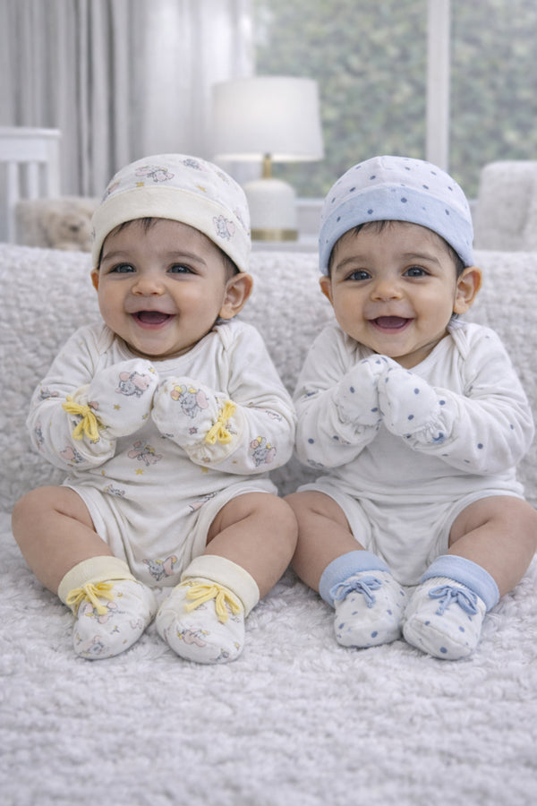 Kradyl Kroft Set of 2 Caps, Mittens and Booties in 100% Cotton Printed Fabric 0 to 12 Months -YellowBlue