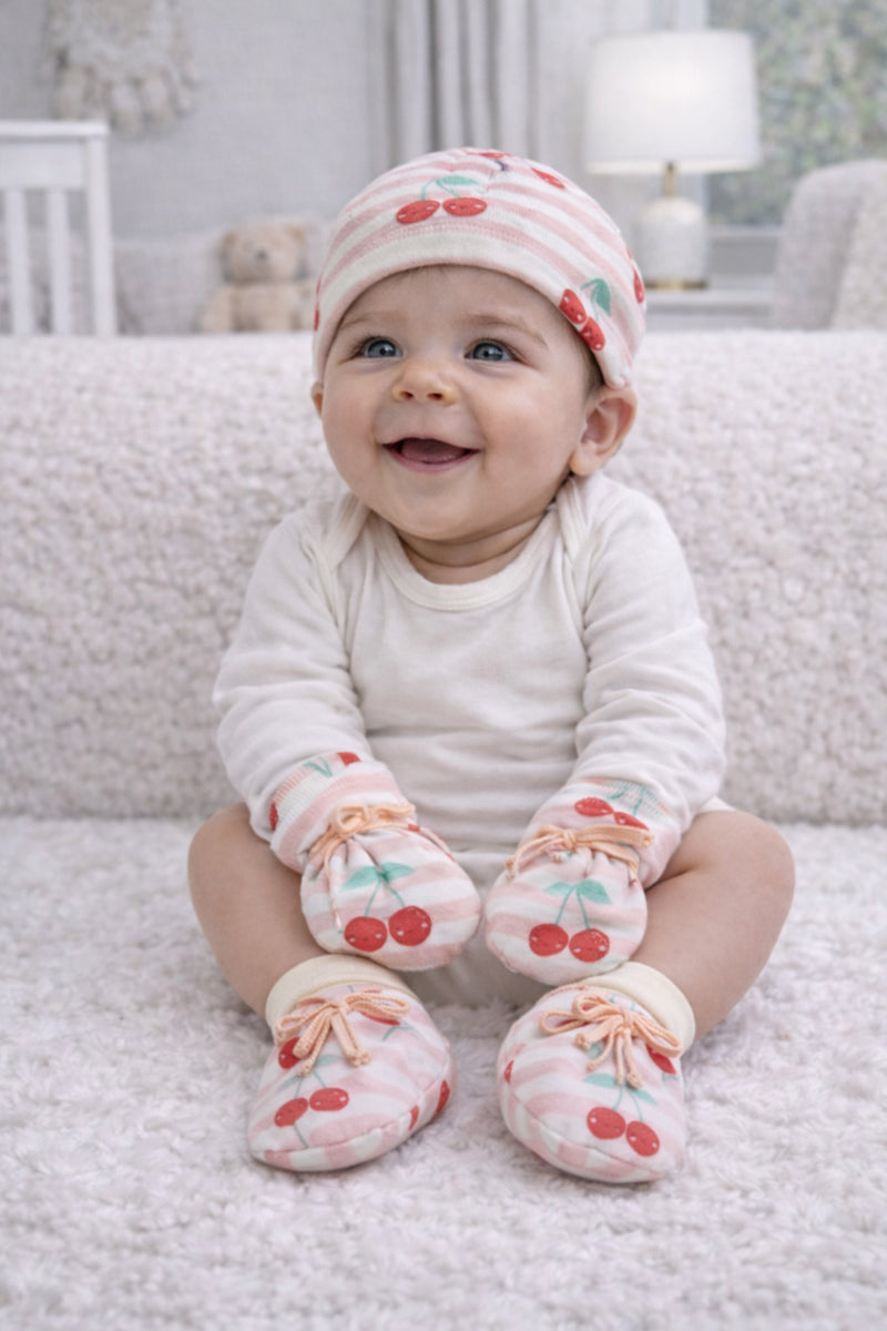 Kradyl Kroft Set of 2 Caps, Mittens and Booties in 100% Cotton Printed Fabric 0 to 12 Months - Cherry