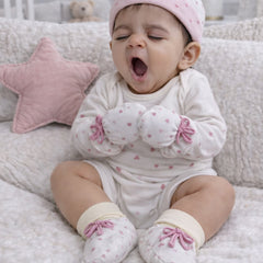 Kradyl Kroft Set of 2 Caps, Mittens and Booties in 100% Cotton Printed Fabric 0 to 12 Months - Cherry