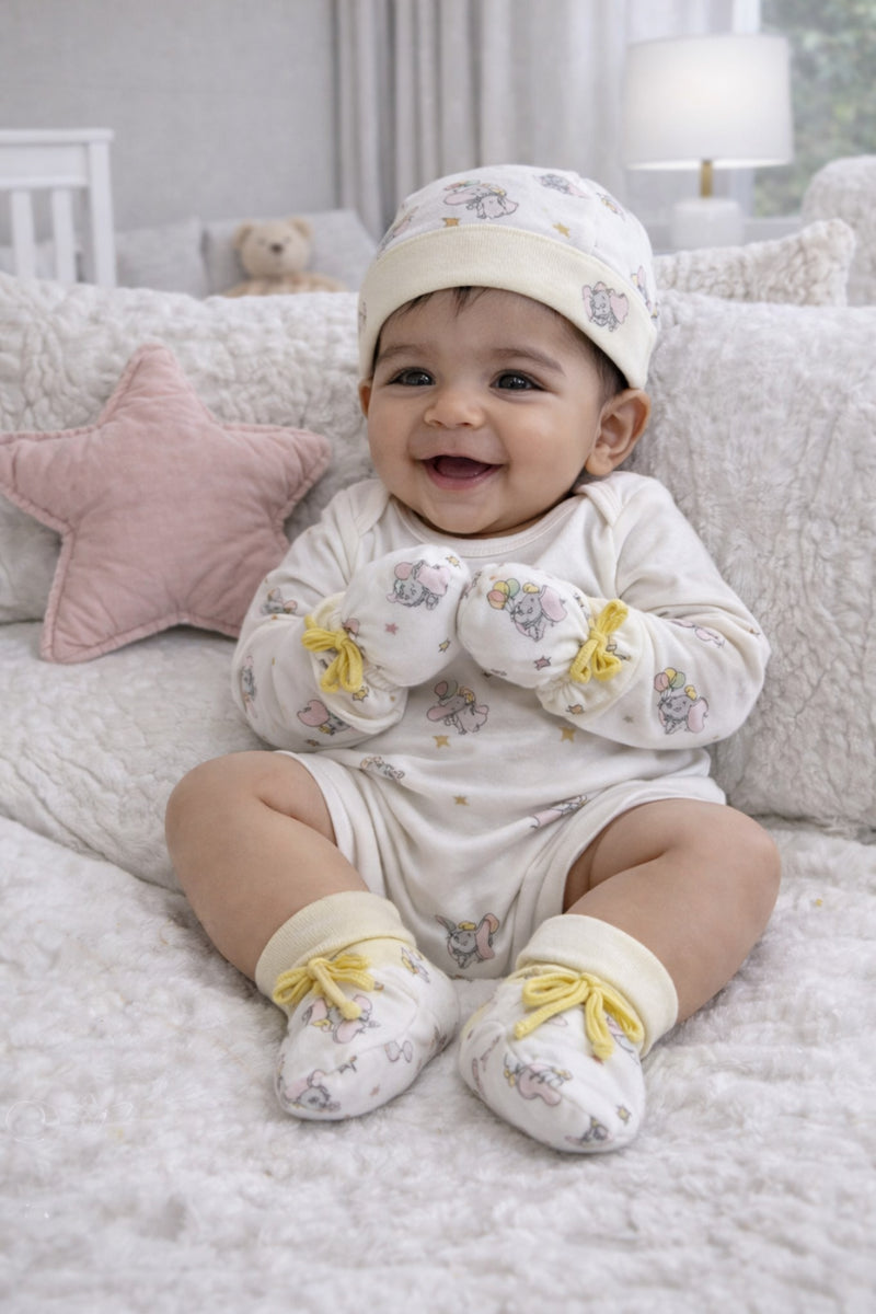 Kradyl Kroft Set of 2 Caps, Mittens and Booties in 100% Cotton Printed Fabric 0 to 12 Months -YellowBlue