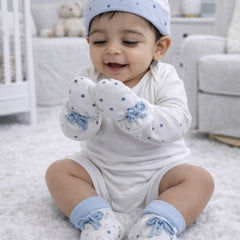 Kradyl Kroft Set of 2 Caps, Mittens and Booties in 100% Cotton Printed Fabric 0 to 12 Months -YellowBlue