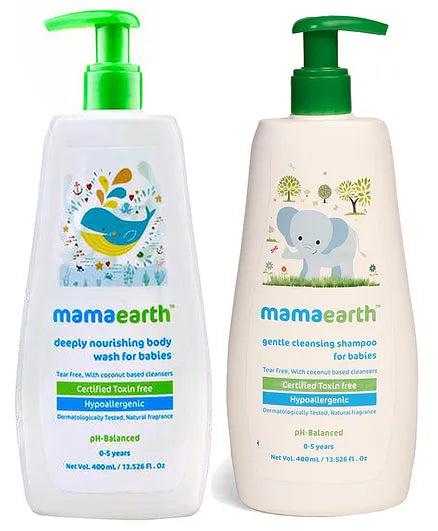 Mamaearth Deeply Nourishing Body Wash & Gentle Cleansing Shampoo For Babies - 400 ml each