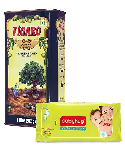 Babyhug Premium Baby Wipes - 80 Pieces & Figaro Olive Oil - 1 Liter