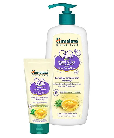 Himalaya Baby Rash Relief Cream With Pure Cow Ghee - 50 g & Himalaya Head to Toe Baby Wash with Pure Cow Ghee - 400 ml
