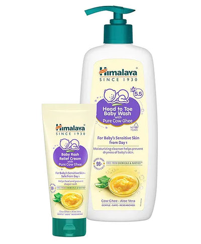 Himalaya Baby Rash Relief Cream With Pure Cow Ghee - 50 g & Himalaya Head to Toe Baby Wash with Pure Cow Ghee - 400 ml