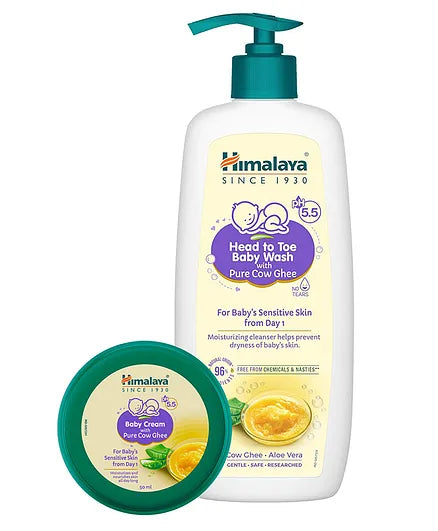 Himalaya Babycare Baby Cream With Pure Cow Ghee - 50 ml & Himalaya Head to Toe Baby Wash with Pure Cow Ghee - 400 ml