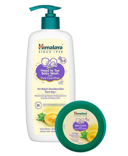 Himalaya Babycare Baby Cream With Pure Cow Ghee 200ml & Himalaya Head to Toe Baby Wash with Pure Cow Ghee - 400 ml
