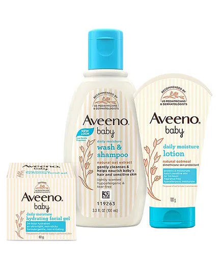 Aveeno baby daily moisture Wash & Shampoo 100 ml & Moisture Lotion & Moisture Hydrating Facial Gel (Cream) 60g