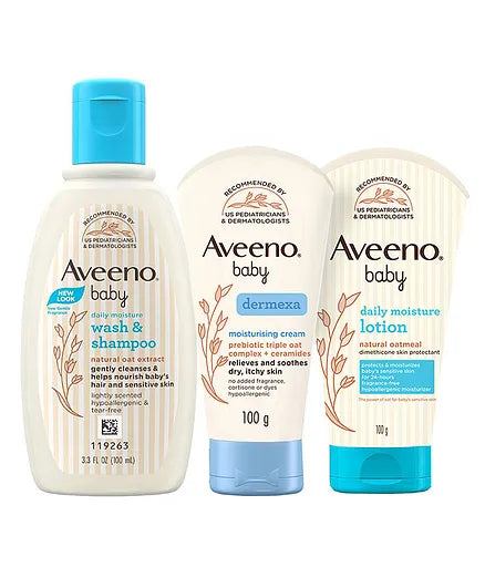 Aveeno baby daily moisture wash & shampoo 100 ml, Moisture Lotion 100g & Dermexa Moisturising Cream 100g