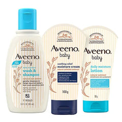 Aveeno baby daily moisture Wash & Shampoo 100 ml, Moisture Lotion with Oat Flour & Glycerine 100g & Soothing Relief Moisture Cream 100g