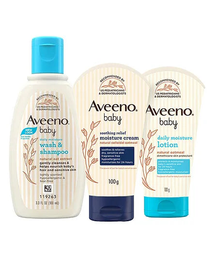 Aveeno baby daily moisture Wash & Shampoo 100 ml, Moisture Lotion with Oat Flour & Glycerine 100g & Soothing Relief Moisture Cream 100g
