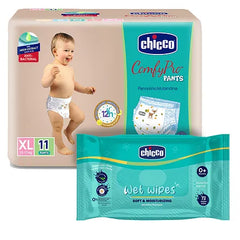 Chicco Comfypro Diaper Pants Extra Large - 11 Pieces & Soft Moisturizing Wet Wipes - 72 Pieces