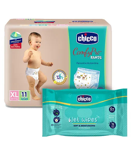 Chicco Comfypro Diaper Pants Extra Large - 11 Pieces & Soft Moisturizing Wet Wipes - 72 Pieces