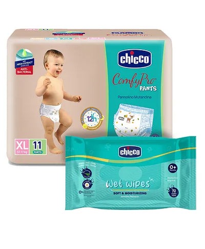 Chicco Comfypro Diaper Pants Extra Large - 11 Pieces & Soft Moisturizing Wet Wipes - 72 Pieces