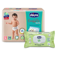 Chicco Comfypro Diaper Pants Large - 26 Pieces &  Baby Moments Soft Cleansing Wipes With Flap Cover - 72 Wipes