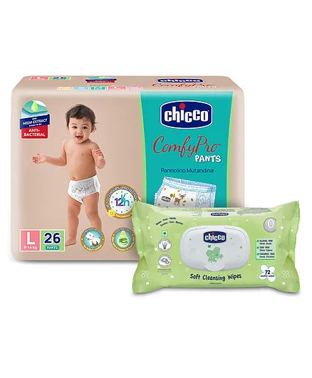 Chicco Comfypro Diaper Pants Large - 26 Pieces &  Baby Moments Soft Cleansing Wipes With Flap Cover - 72 Wipes